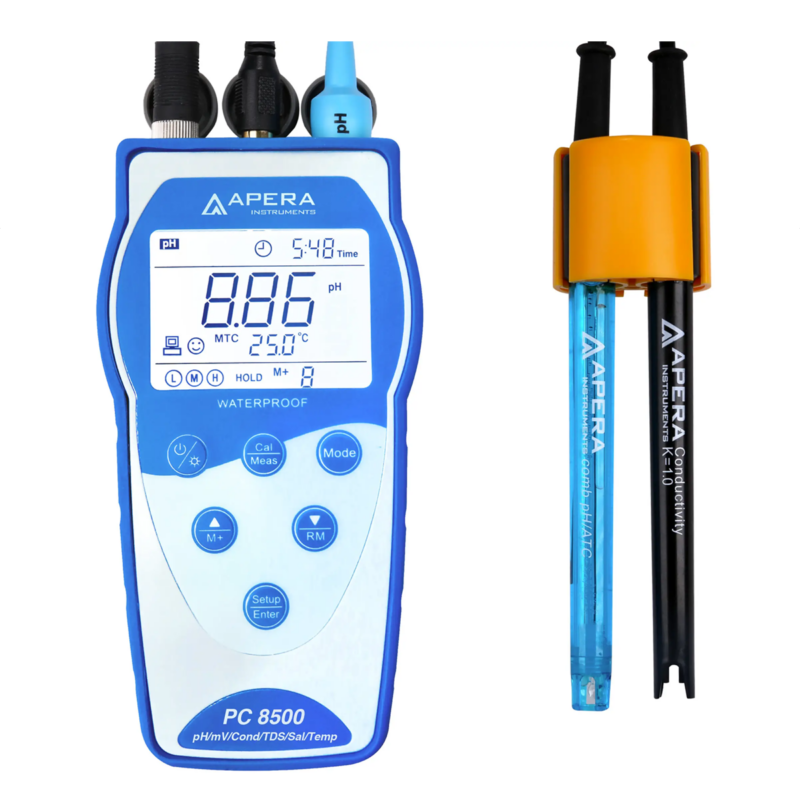 Medidor de conductividad/pH portátil PC8500 con registrador de datos GLP y salida de datos USB