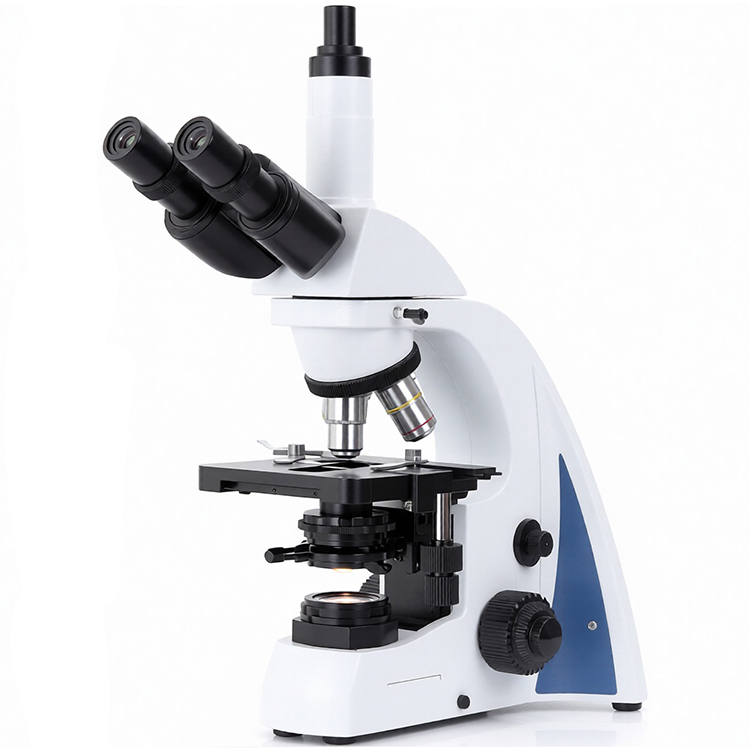 Microscopio trilocular con objetivos acromáticos planos al infinito